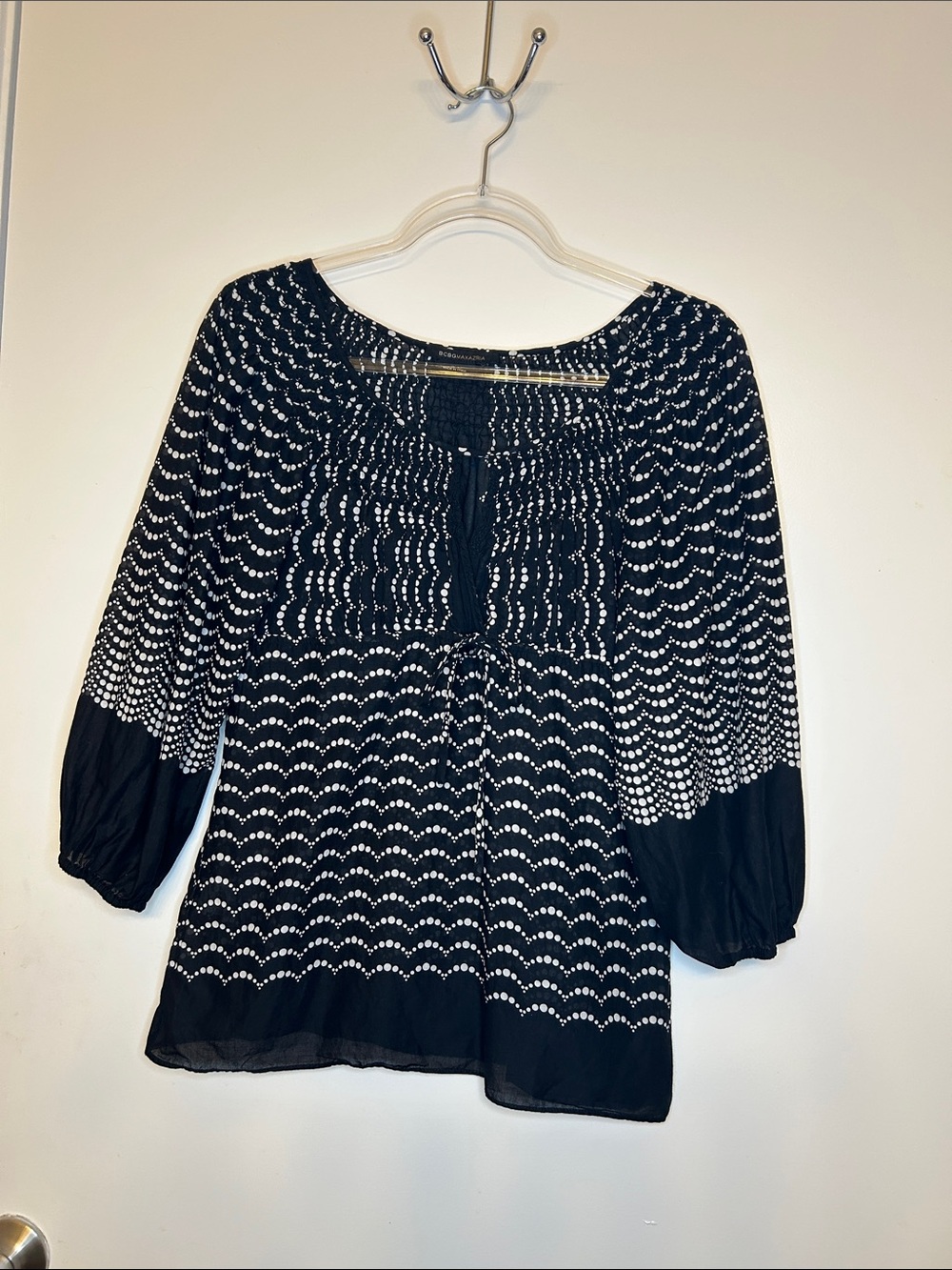 BCBGMaxazria Black & White Peasant Blouse with Dot Wave Pattern